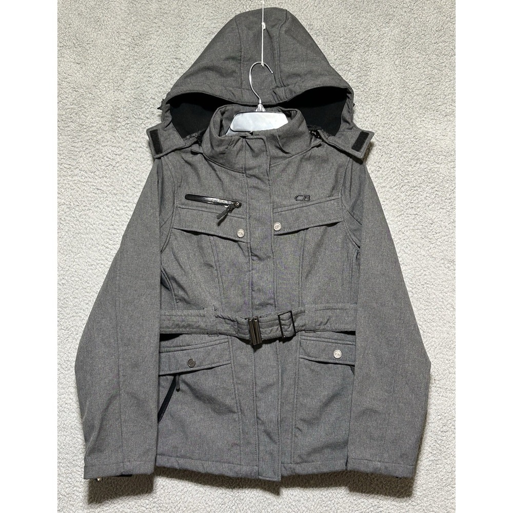 CB Sports Coat Womens Large Gray Softshell‎ Hooded Long Fleece Lined Zip Pockets
